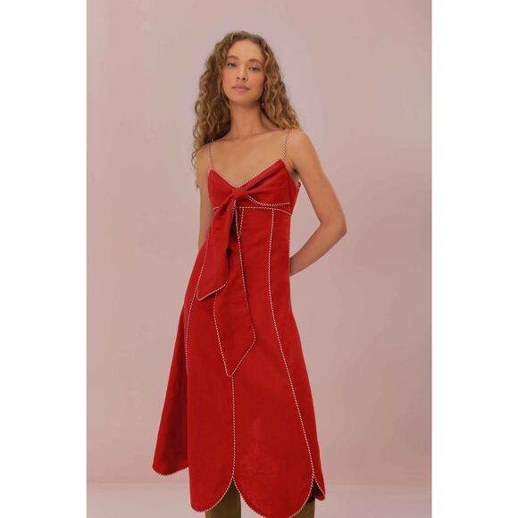 FARM RIO Women's Red Front Bow Midi Dress Size S In Dark Red - Picture 1 of 11